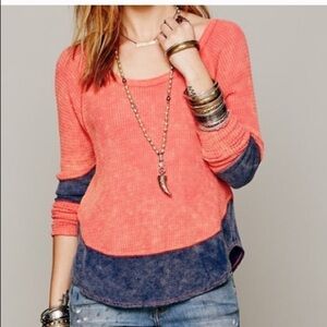 XS We the Free Free People Diamond Dozen Coral Red Distressed Thermal Knit Top